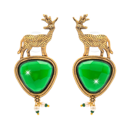 Traditional Indian Gold Plated CZ, Pearl Studded Deer Design Medium Drop Earring For Women (SJE_287_G_G)