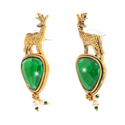Traditional Indian Gold Plated CZ, Pearl Studded Deer Design Medium Drop Earring For Women (SJE_287_G_G)