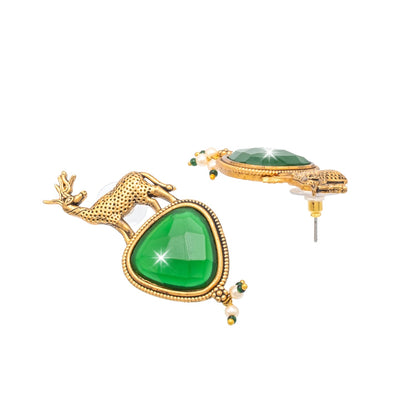Traditional Indian Gold Plated CZ, Pearl Studded Deer Design Medium Drop Earring For Women (SJE_287_G_G)