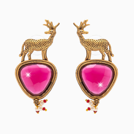 Traditional Indian Gold Plated CZ, Pearl Studded Deer Design Medium Drop Earring For Women (SJE_287_G_M)