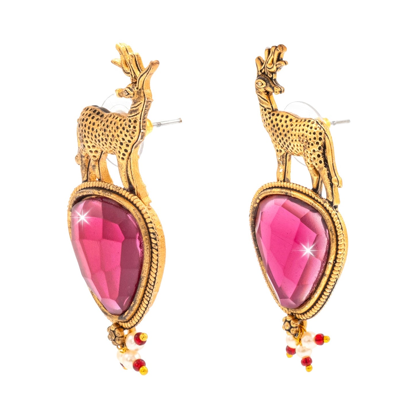 Traditional Indian Gold Plated CZ, Pearl Studded Deer Design Medium Drop Earring For Women (SJE_287_G_M)