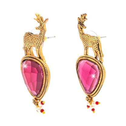 Traditional Indian Gold Plated CZ, Pearl Studded Deer Design Medium Drop Earring For Women (SJE_287_G_M)
