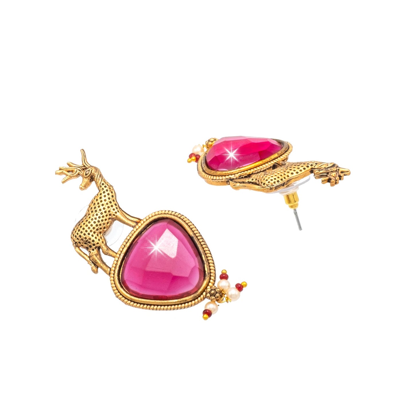 Traditional Indian Gold Plated CZ, Pearl Studded Deer Design Medium Drop Earring For Women (SJE_287_G_M)