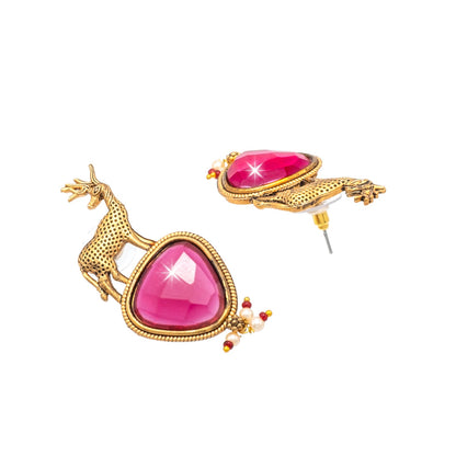 Traditional Indian Gold Plated CZ, Pearl Studded Deer Design Medium Drop Earring For Women (SJE_287_G_M)