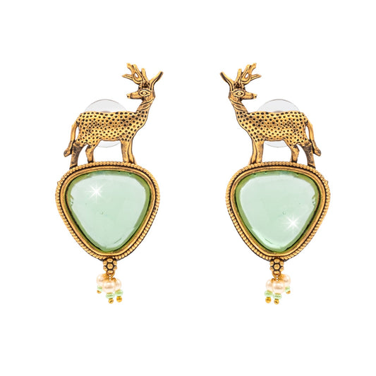 Traditional Indian Gold Plated CZ, Pearl Studded Deer Design Medium Drop Earring For Women (SJE_287_G_LG)