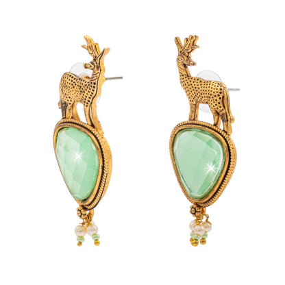 Traditional Indian Gold Plated CZ, Pearl Studded Deer Design Medium Drop Earring For Women (SJE_287_G_LG)
