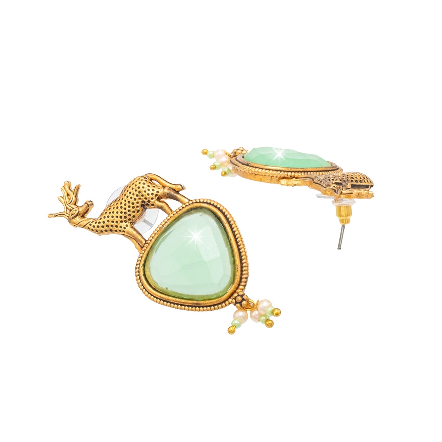 Traditional Indian Gold Plated CZ, Pearl Studded Deer Design Medium Drop Earring For Women (SJE_287_G_LG)