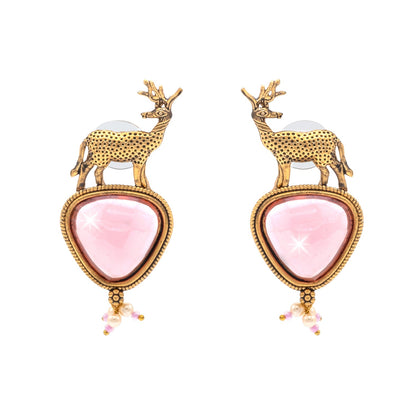 Traditional Indian Gold Plated CZ, Pearl Studded Deer Design Medium Drop Earring For Women (SJE_287_G_LP)