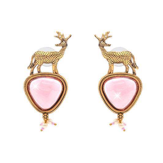 Traditional Indian Gold Plated CZ, Pearl Studded Deer Design Medium Drop Earring For Women (SJE_287_G_LP)