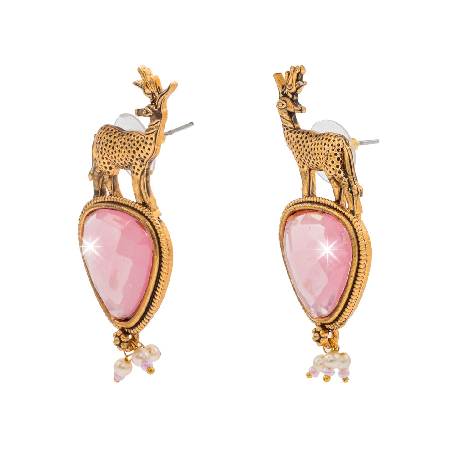 Traditional Indian Gold Plated CZ, Pearl Studded Deer Design Medium Drop Earring For Women (SJE_287_G_LP)