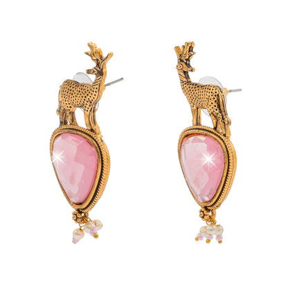 Traditional Indian Gold Plated CZ, Pearl Studded Deer Design Medium Drop Earring For Women (SJE_287_G_LP)