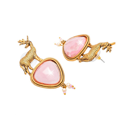 Traditional Indian Gold Plated CZ, Pearl Studded Deer Design Medium Drop Earring For Women (SJE_287_G_LP)