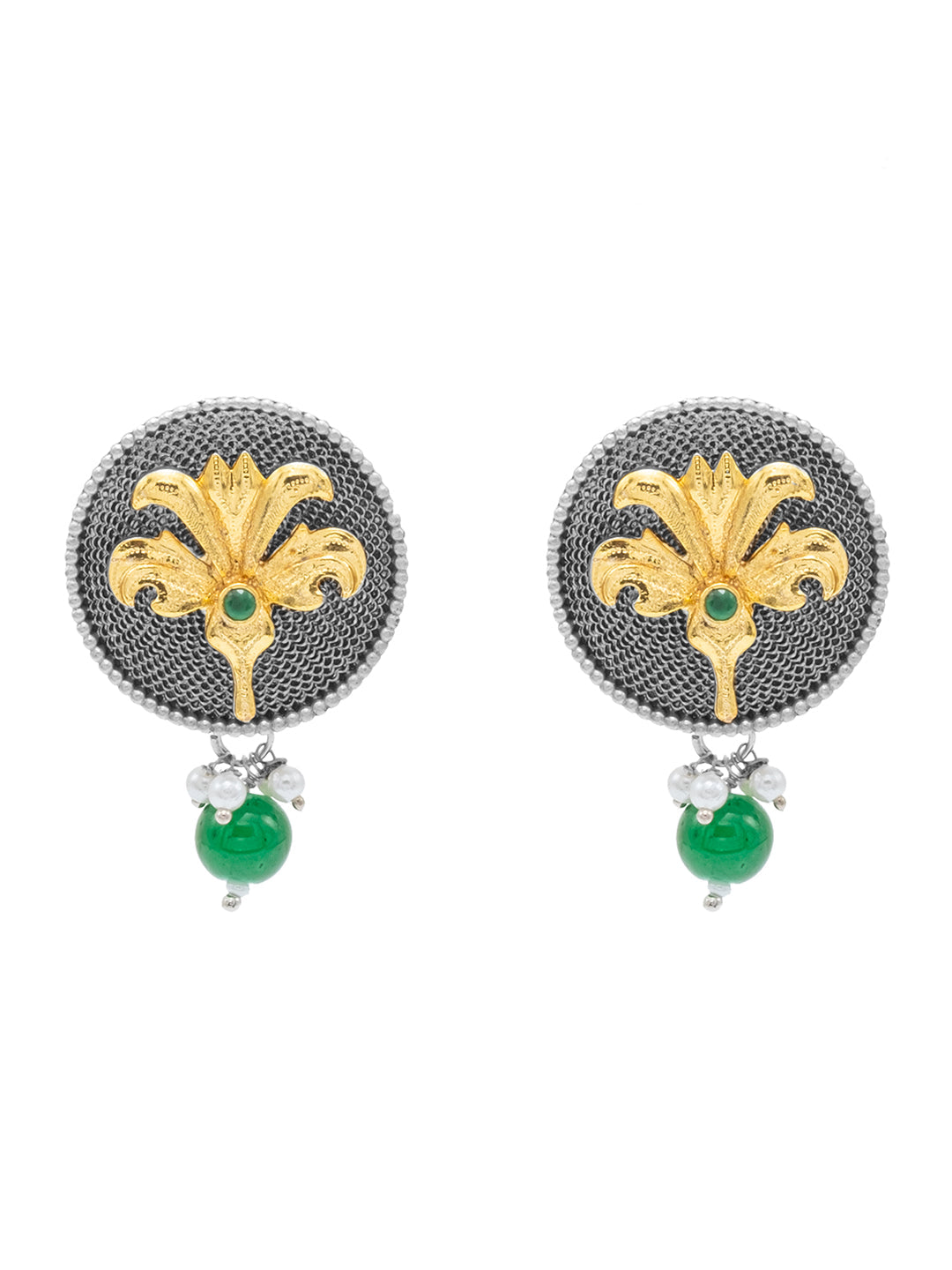 Traditional Indian Dual Tone Plated CZ, Green Pearl Hanging Medium Drop Earring For Women (SJE_290_S_G)
