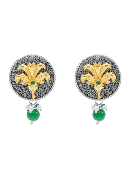 Traditional Indian Dual Tone Plated CZ, Green Pearl Hanging Medium Drop Earring For Women (SJE_290_S_G)