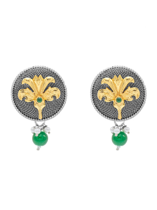 Traditional Indian Dual Tone Plated CZ, Green Pearl Hanging Medium Drop Earring For Women (SJE_290_S_G)