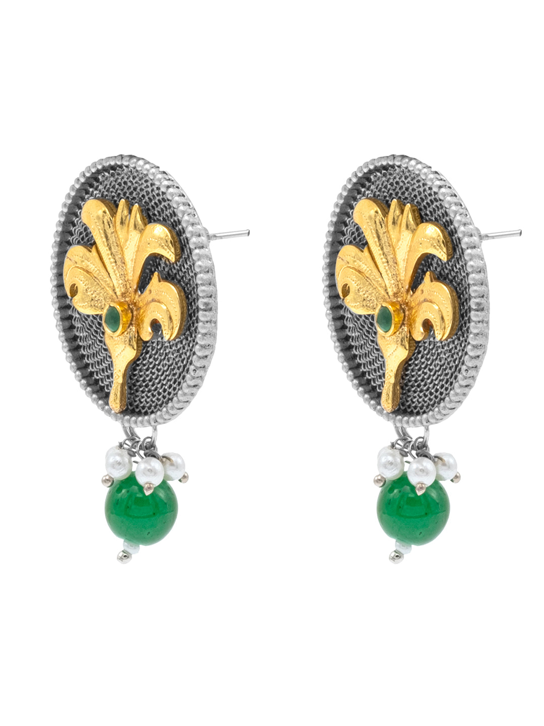 Traditional Indian Dual Tone Plated CZ, Green Pearl Hanging Medium Drop Earring For Women (SJE_290_S_G)