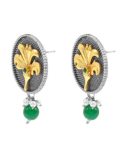 Traditional Indian Dual Tone Plated CZ, Green Pearl Hanging Medium Drop Earring For Women (SJE_290_S_G)