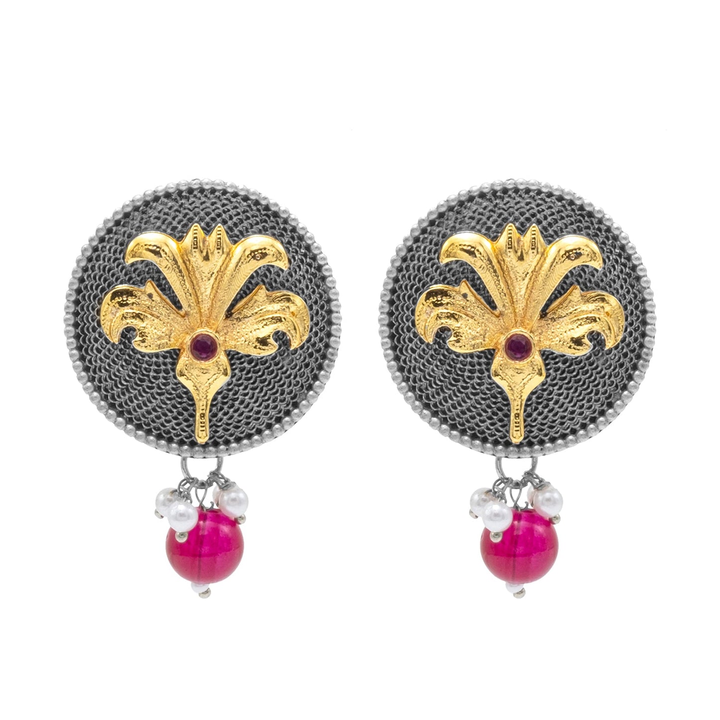 Traditional Indian Dual Tone Plated CZ, Maroon, Pearl Hanging Medium Drop Earring For Women (SJE_290_S_M)