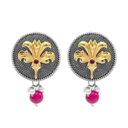 Traditional Indian Dual Tone Plated CZ, Maroon, Pearl Hanging Medium Drop Earring For Women (SJE_290_S_M)