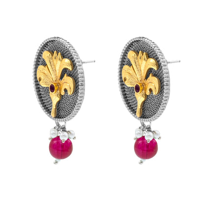 Traditional Indian Dual Tone Plated CZ, Maroon, Pearl Hanging Medium Drop Earring For Women (SJE_290_S_M)