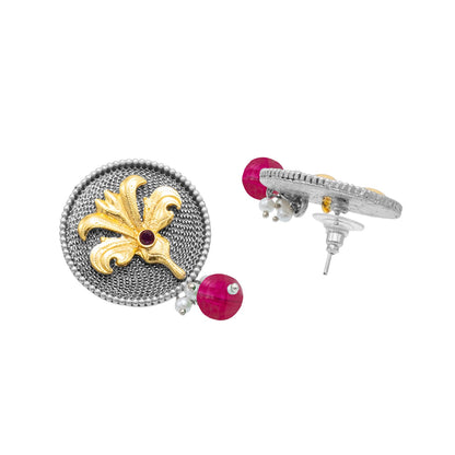 Traditional Indian Dual Tone Plated CZ, Maroon, Pearl Hanging Medium Drop Earring For Women (SJE_290_S_M)