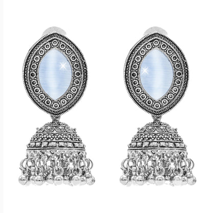 Oxidixed Antique Silver Plated CZ, Studded Medium Jhumki with Pearl Earring For Women (SJE_292_D1_LB)