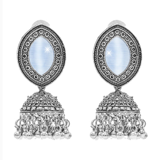 Oxidixed Antique Silver Plated CZ, Studded Medium Jhumki with Pearl Earring For Women (SJE_292_D1_LB)