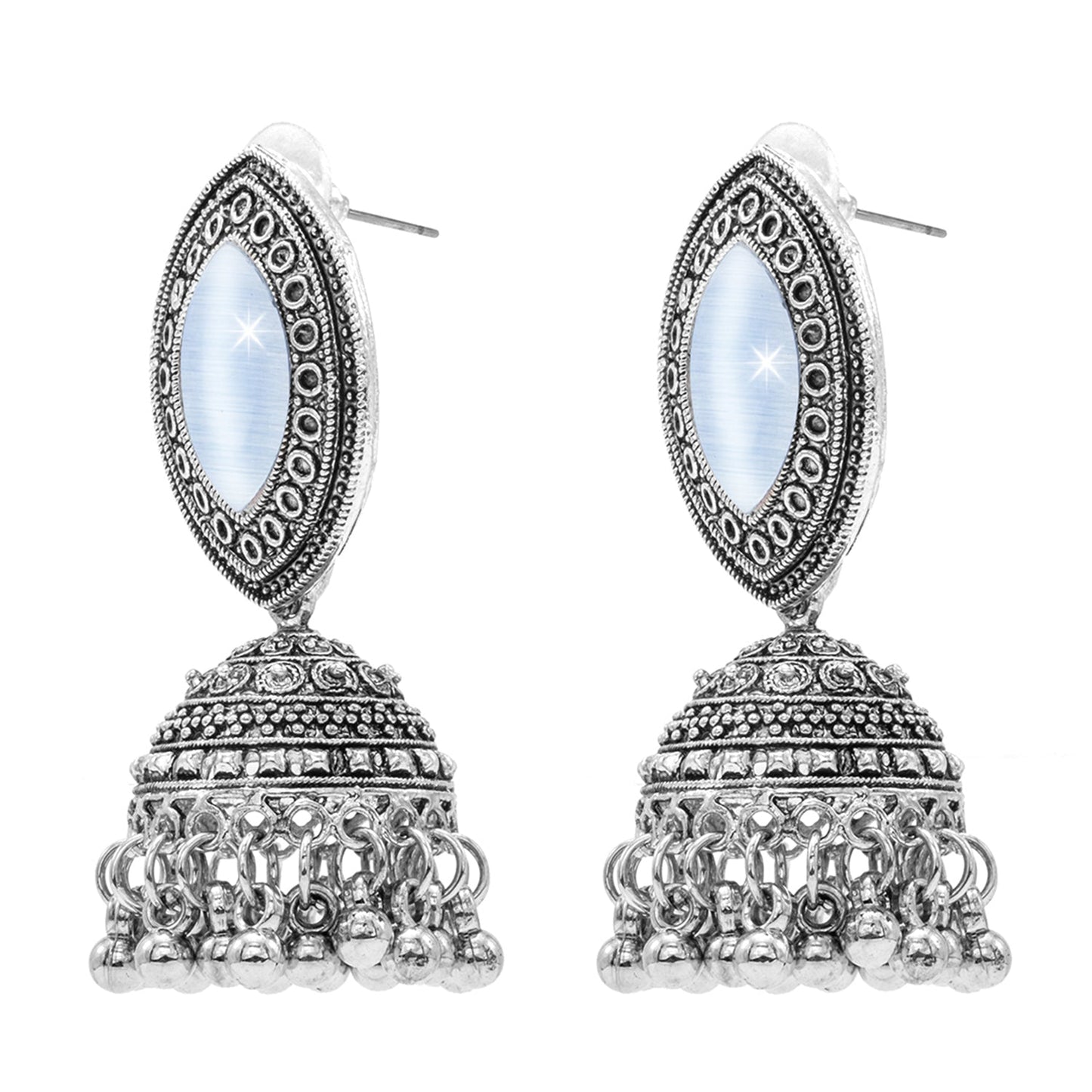 Oxidixed Antique Silver Plated CZ, Studded Medium Jhumki with Pearl Earring For Women (SJE_292_D1_LB)