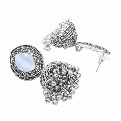 Oxidixed Antique Silver Plated CZ, Studded Medium Jhumki with Pearl Earring For Women (SJE_292_D1_LB)