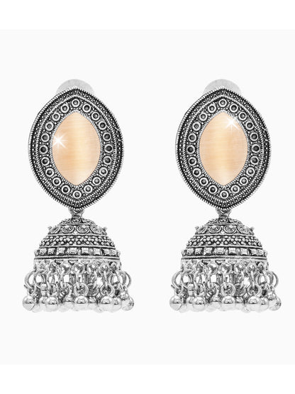 Oxidixed Antique Silver Plated CZ, Studded Medium Jhumki with Pearl Earring For Women (SJE_292_D1_PH)