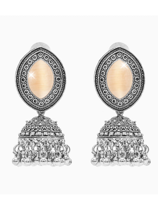 Oxidixed Antique Silver Plated CZ, Studded Medium Jhumki with Pearl Earring For Women (SJE_292_D1_PH)