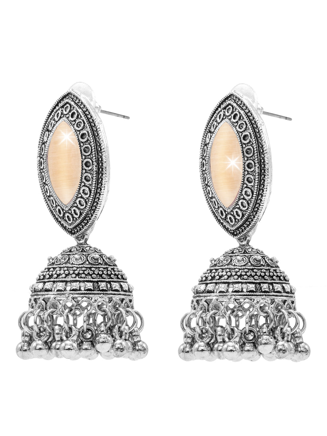Oxidixed Antique Silver Plated CZ, Studded Medium Jhumki with Pearl Earring For Women (SJE_292_D1_PH)