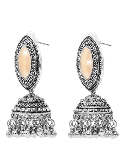 Oxidixed Antique Silver Plated CZ, Studded Medium Jhumki with Pearl Earring For Women (SJE_292_D1_PH)