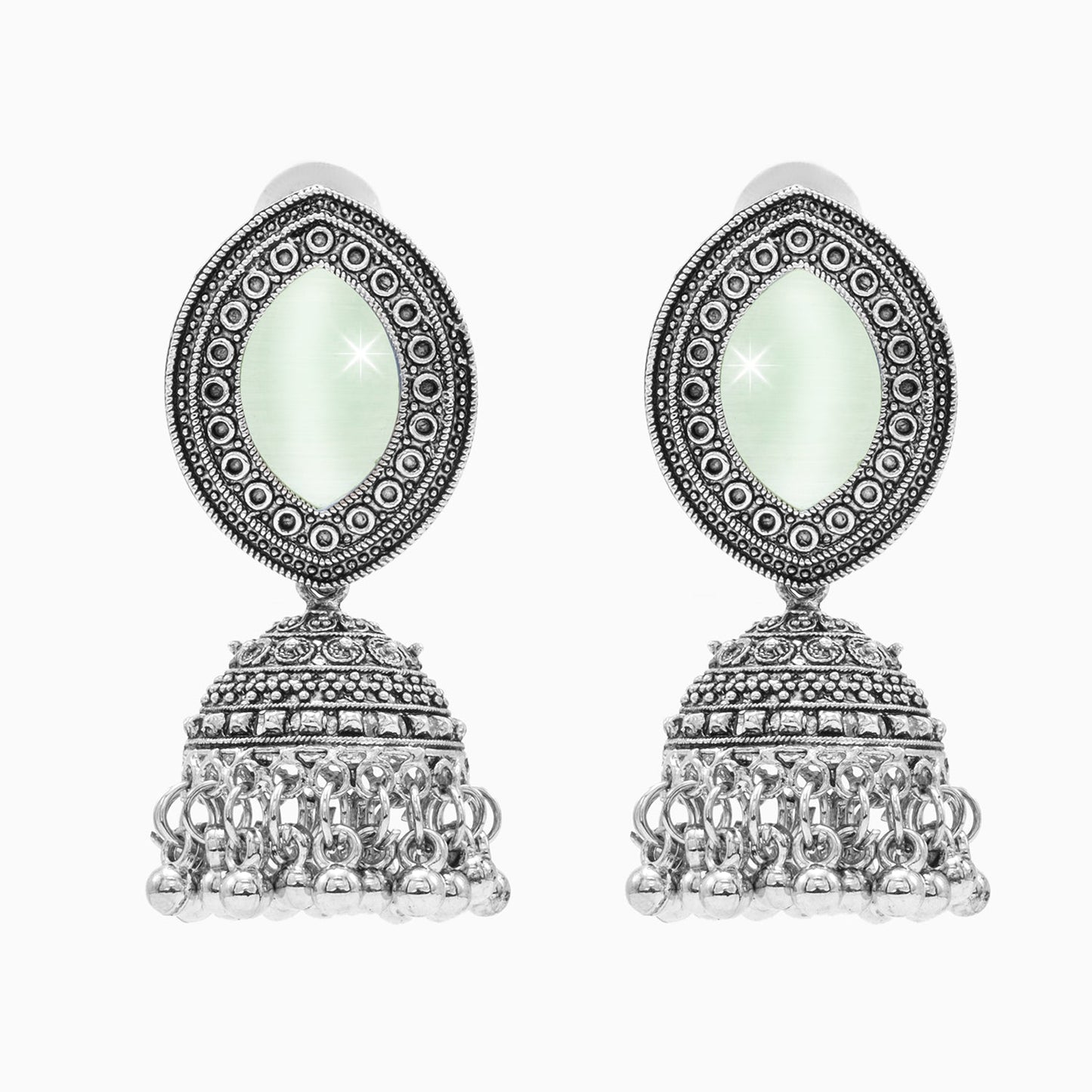 Oxidixed Antique Silver Plated CZ, Studded Medium Jhumki with Pearl Earring For Women (SJE_292_D1_LG)