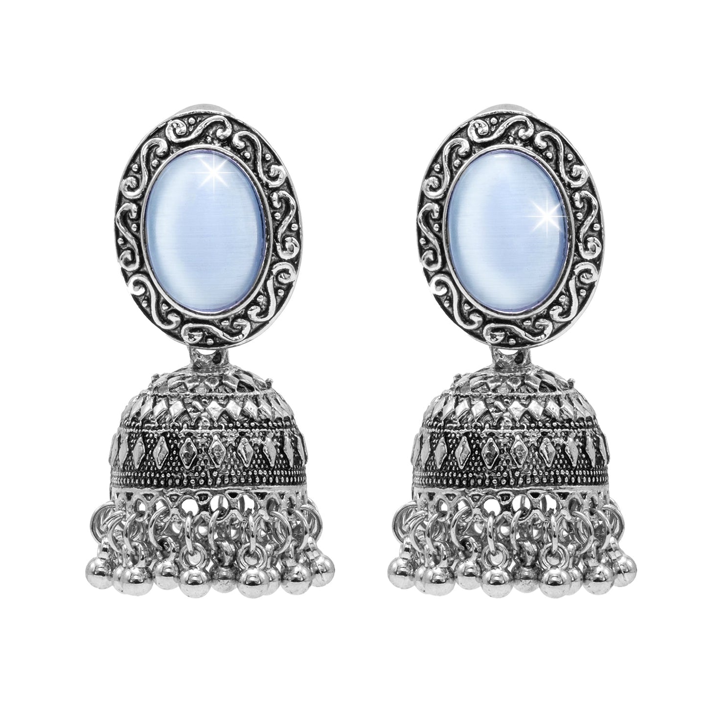 Oxidixed Antique Silver Plated CZ, Studded Medium Jhumki with Pearl Earring For Women (SJE_292_D2_BL)