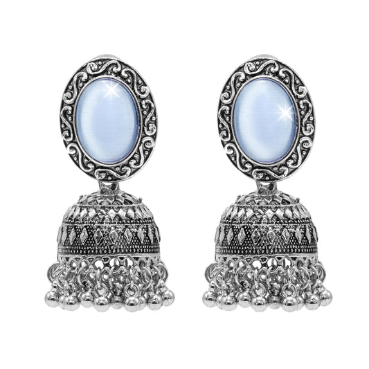 Oxidixed Antique Silver Plated CZ, Studded Medium Jhumki with Pearl Earring For Women (SJE_292_D2_BL)