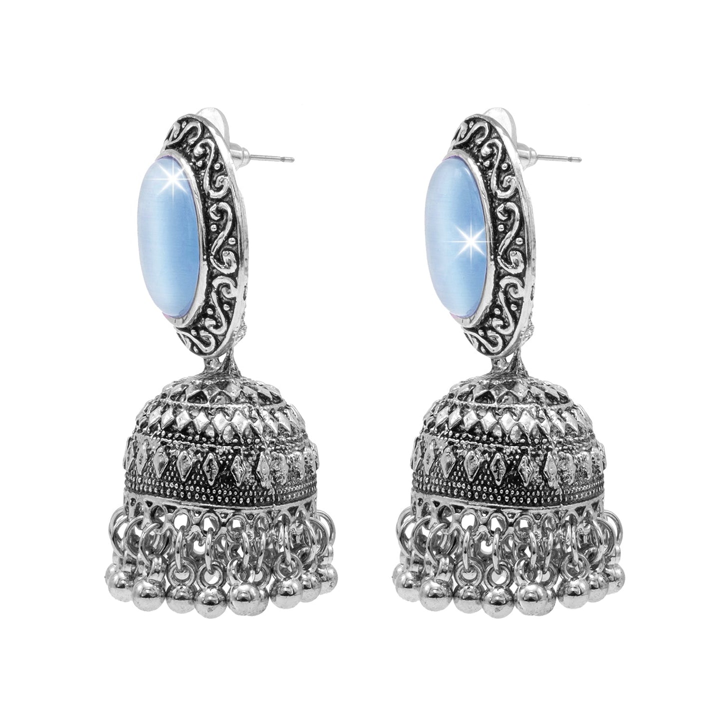Oxidixed Antique Silver Plated CZ, Studded Medium Jhumki with Pearl Earring For Women (SJE_292_D2_BL)