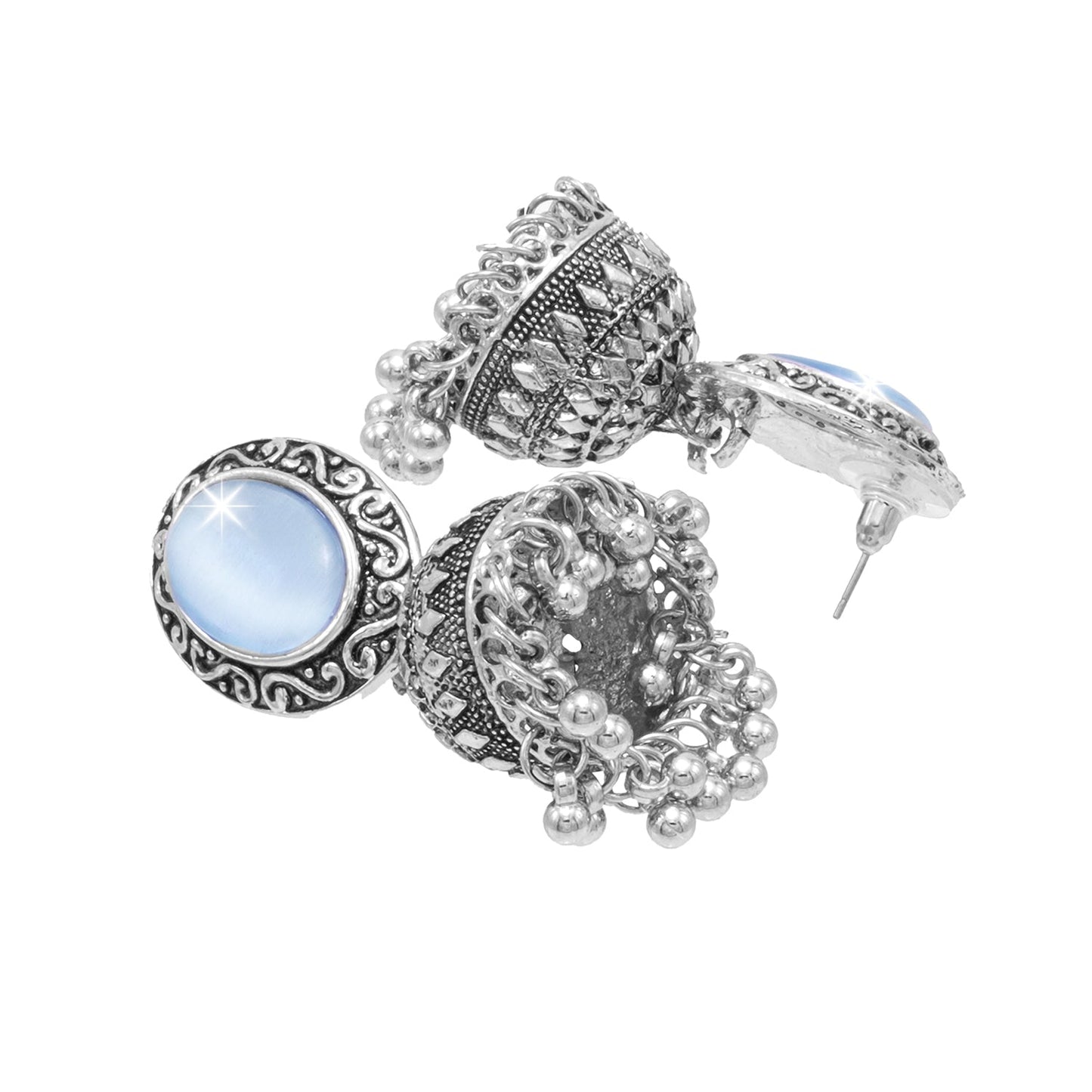 Oxidixed Antique Silver Plated CZ, Studded Medium Jhumki with Pearl Earring For Women (SJE_292_D2_BL)