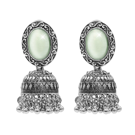 Oxidixed Antique Silver Plated CZ, Studded Medium Jhumki with Pearl Earring For Women (SJE_292_D2_LG)