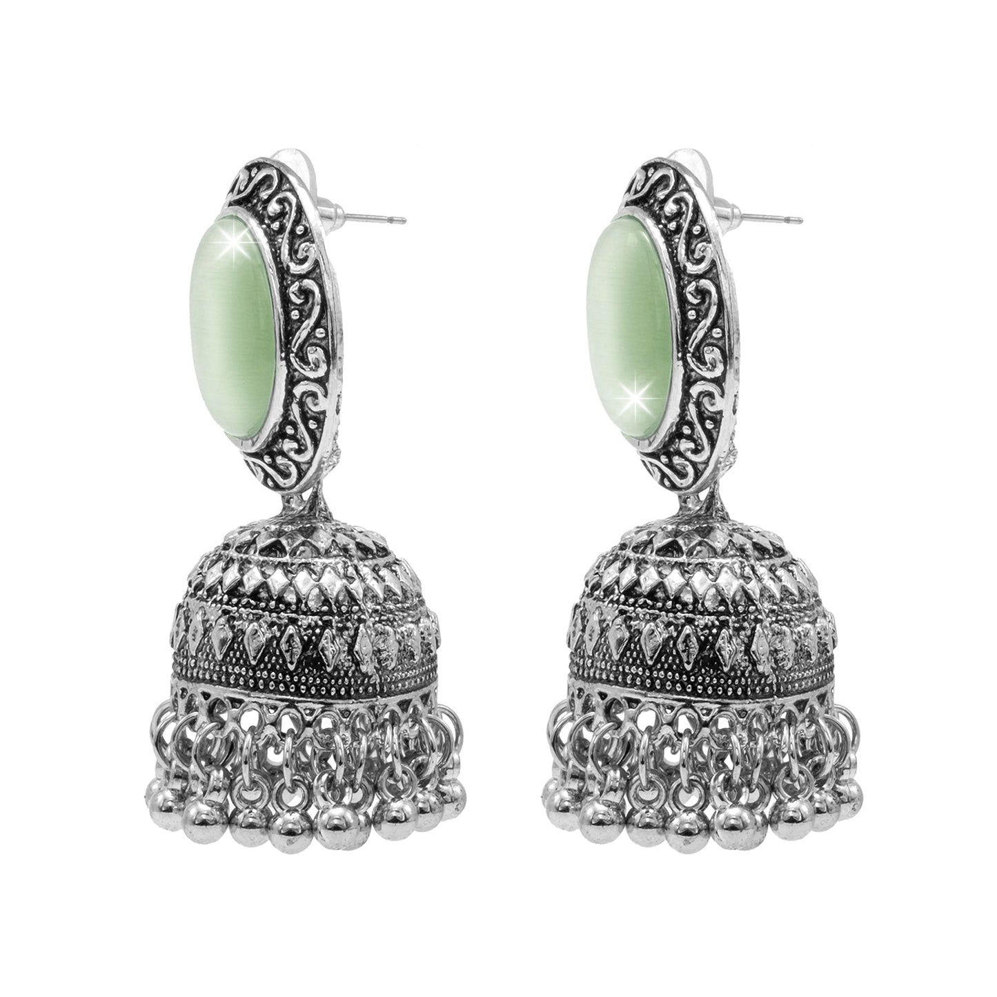 Oxidixed Antique Silver Plated CZ, Studded Medium Jhumki with Pearl Earring For Women (SJE_292_D2_LG)
