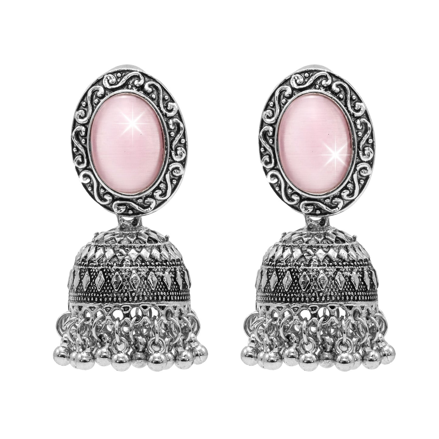 Oxidixed Antique Silver Plated CZ, Studded Medium Jhumki with Pearl Earring For Women (SJE_292_D2_LP)