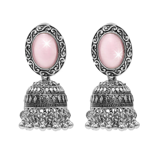 Oxidixed Antique Silver Plated CZ, Studded Medium Jhumki with Pearl Earring For Women (SJE_292_D2_LP)