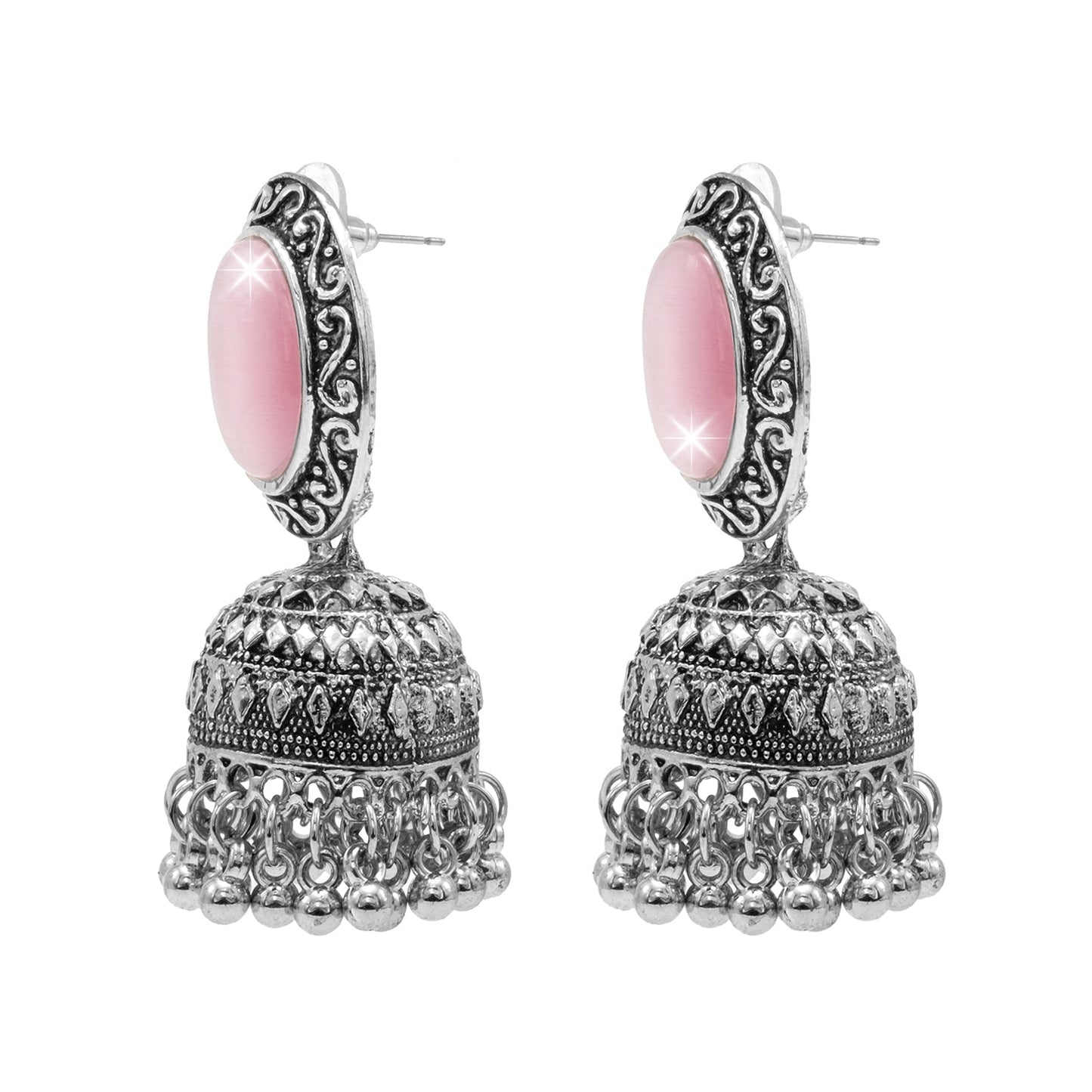 Oxidixed Antique Silver Plated CZ, Studded Medium Jhumki with Pearl Earring For Women (SJE_292_D2_LP)
