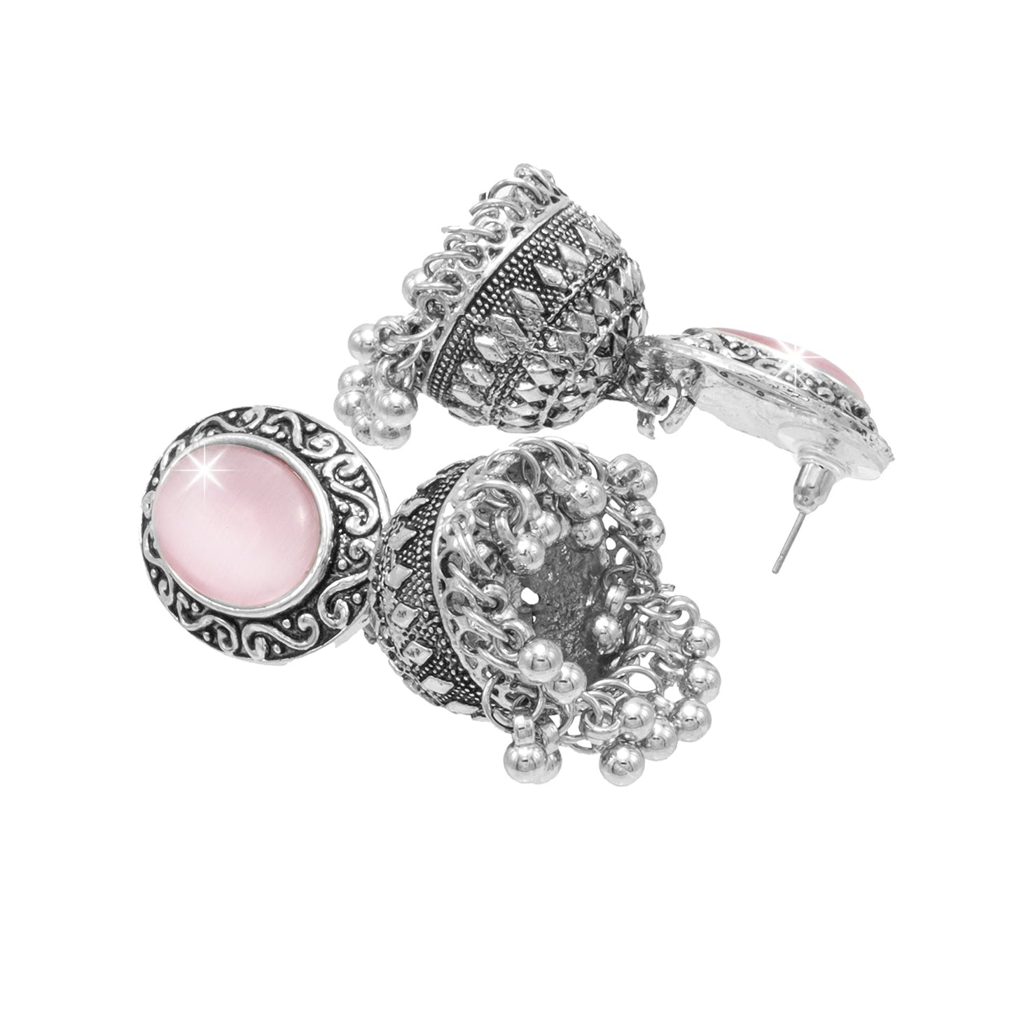 Oxidixed Antique Silver Plated CZ, Studded Medium Jhumki with Pearl Earring For Women (SJE_292_D2_LP)