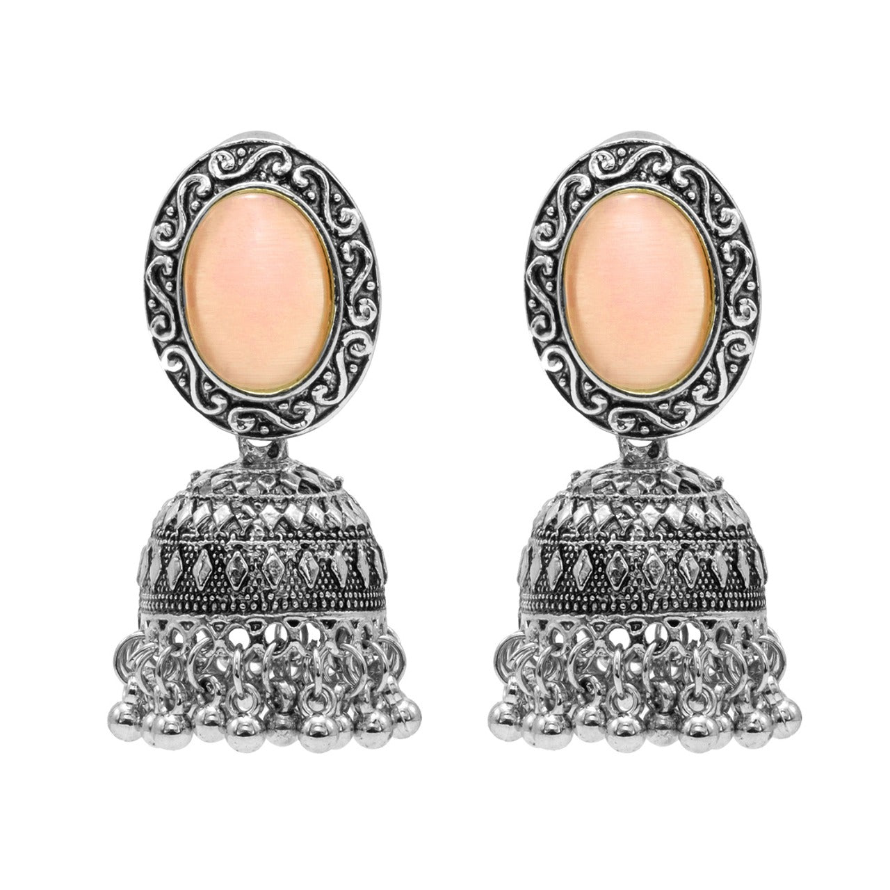 Oxidixed Antique Silver Plated CZ, Studded Medium Jhumki with Pearl Earring For Women (SJE_292_D2_PH)