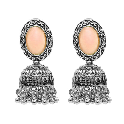 Oxidixed Antique Silver Plated CZ, Studded Medium Jhumki with Pearl Earring For Women (SJE_292_D2_PH)