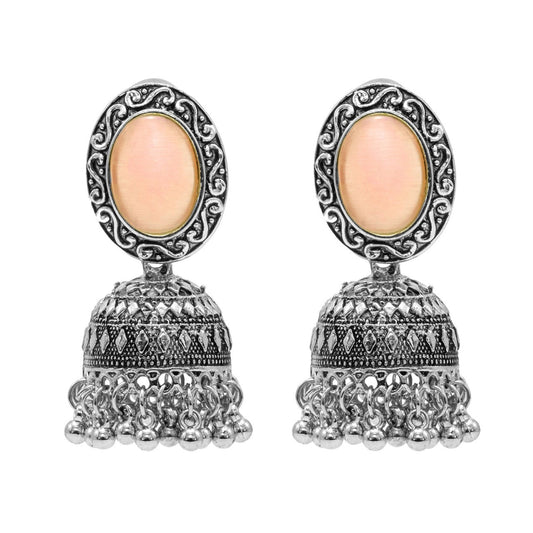 Oxidixed Antique Silver Plated CZ, Studded Medium Jhumki with Pearl Earring For Women (SJE_292_D2_PH)