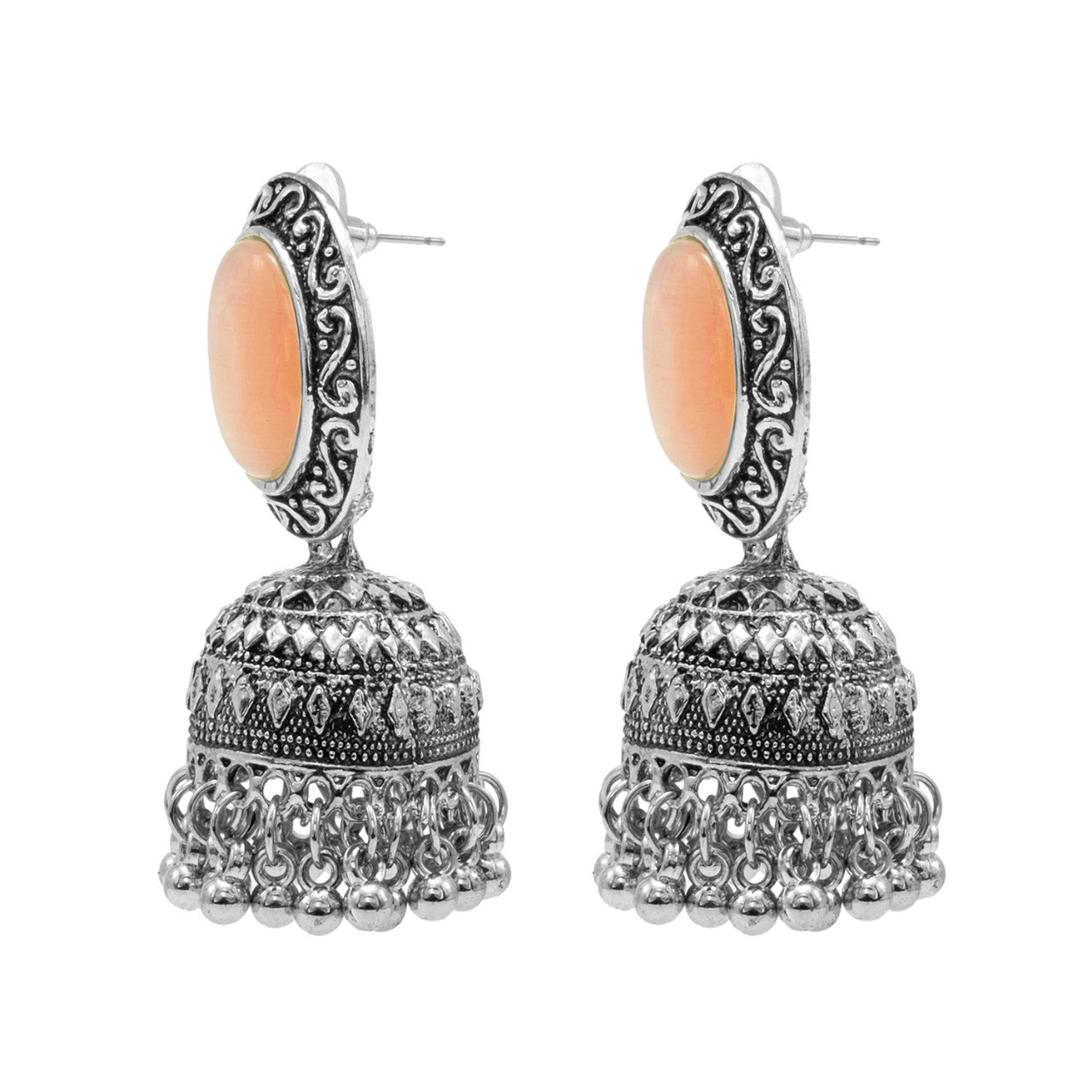Oxidixed Antique Silver Plated CZ, Studded Medium Jhumki with Pearl Earring For Women (SJE_292_D2_PH)