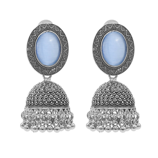 Oxidixed Antique Silver Plated CZ, Studded Medium Jhumki with Pearl Earring For Women (SJE_292_D3_BL)