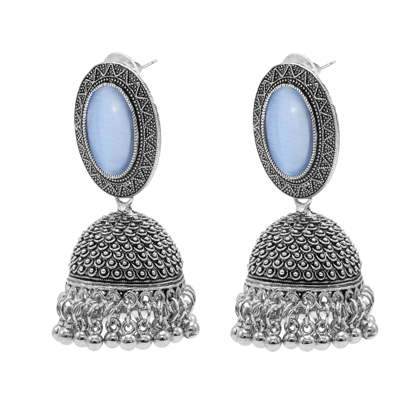 Oxidixed Antique Silver Plated CZ, Studded Medium Jhumki with Pearl Earring For Women (SJE_292_D3_BL)
